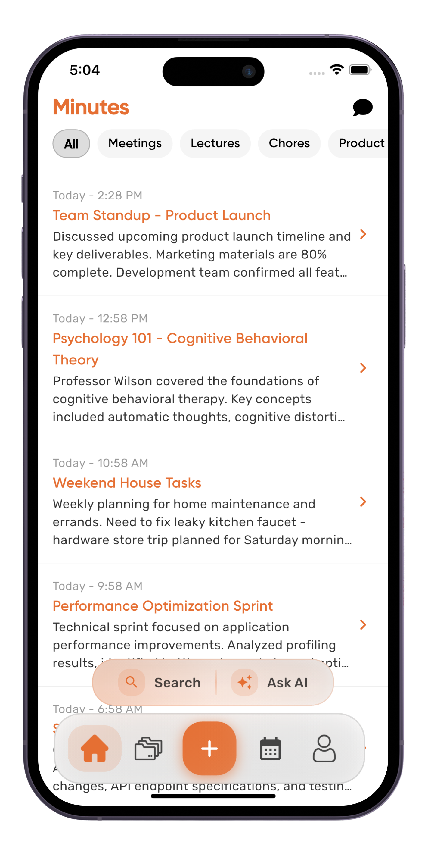 Minutes App Screenshots - Meeting notes interface showing transcription, audio recording, and project organization features